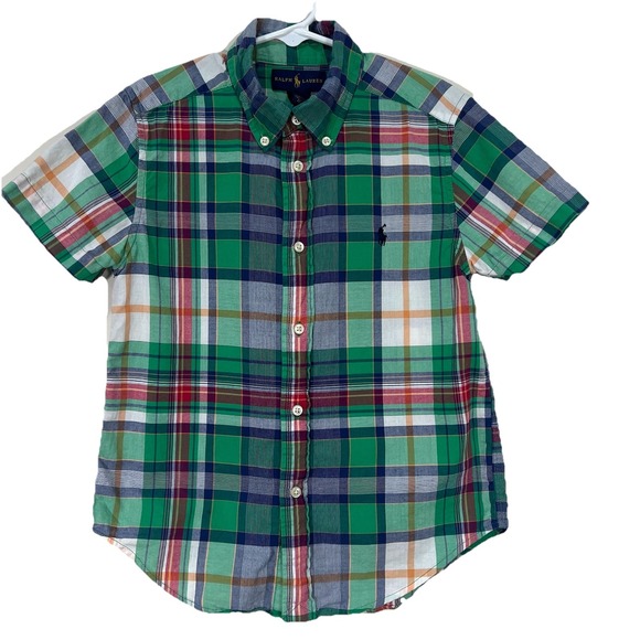 Ralph Lauren Boys Button Down Shirt Size 6 Green Plaid Short Sleeve Logo - Picture 1 of 5